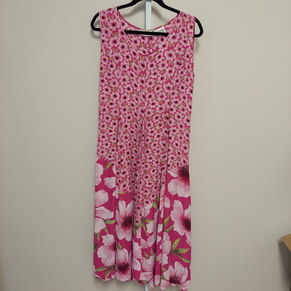 Victoria Holley Vintage Pink Floral Rayon Sleeveless Midi Dress PM Cottage 90s
